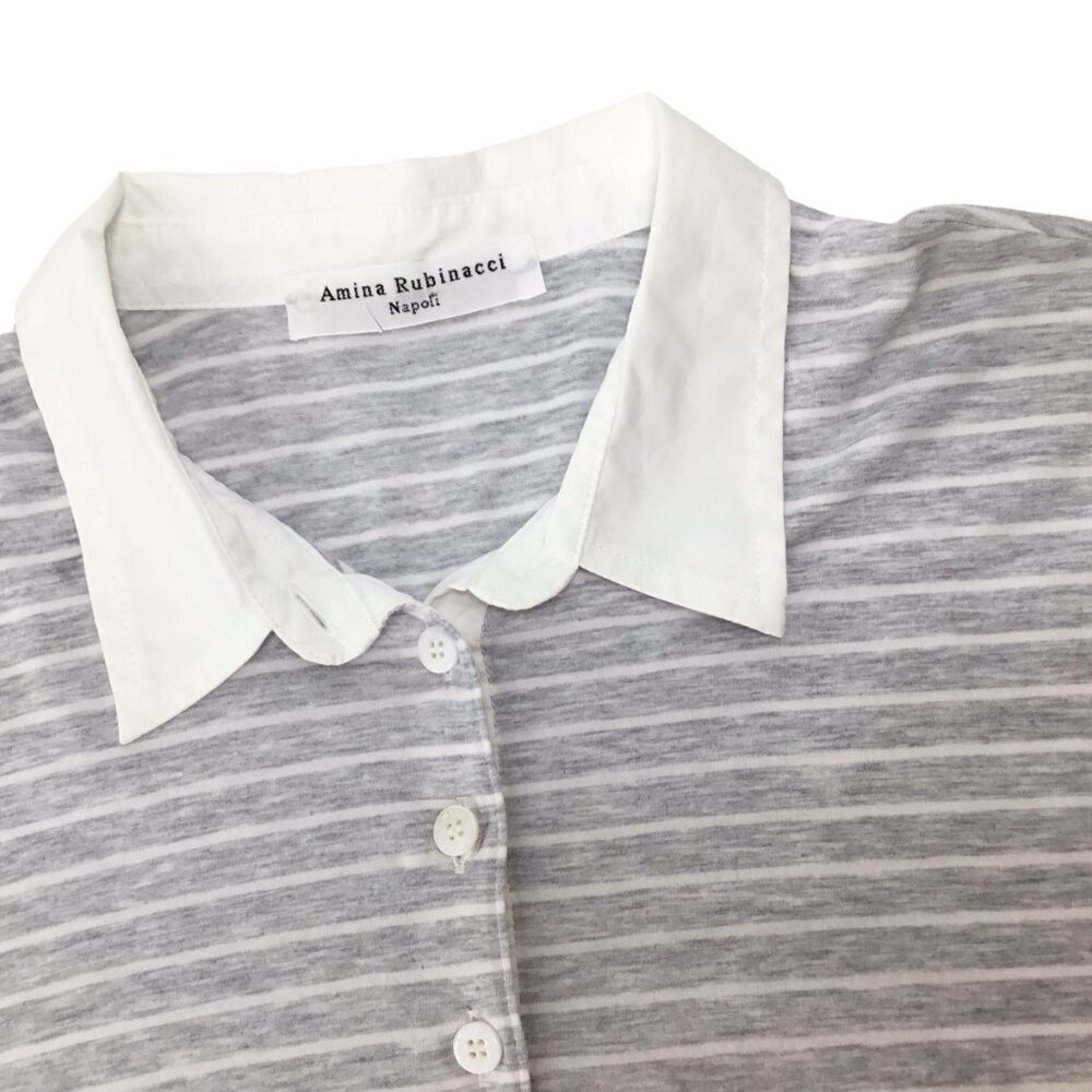 Amina Rubinacci Italy Polo Long Sleeve Gray White Stripe Cotton Size 48 or US 12 - Picture 8 of 10